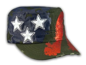 Olive Green Stars and Stripes on Cadet Cap Vintage Army Hat Distressed - Picture 1 of 4