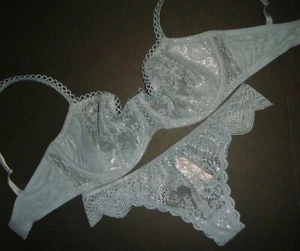 Victoria's Secret JUEGO DE SUJETADOR 34C SIN FORRO S Tanga AZUL GRIS bordado en lámina plateada - Imagen 1 de 3