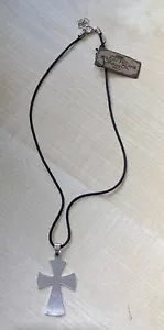 Men Boy Brushed metal cross / pendant necklace with a black rubber cord. - Picture 1 of 2