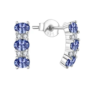 925 Sterling Silver Tanzanite CZ Drop Stud Earrings Rhodium Overlay - Picture 1 of 6