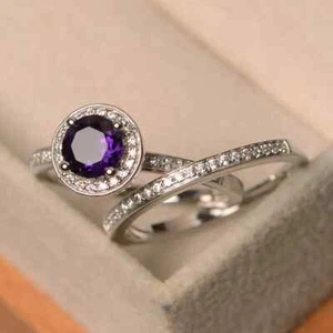 925 Sterling Silber Ring natürlicher Amethyst Verlobungsring Ehering mit Band - Bild 1 von 8