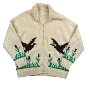 VTG 50s MARY MAXIM WOOL COWICHAN CARDIGAN MALLARD DUCK KNIT ROCKABILLY 44” - Bild 1 von 7