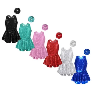 Girls Costume Shiny Outfits Jazz Set Sequined Dress Built-in Shorts Leotard - Picture 1 of 56