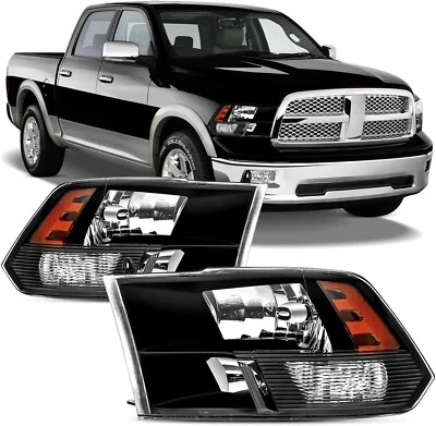For 2009-2018 Dodge RAM 1500 2500 3500 Headlights Black Housing Pair Left+Right - Image 1 of 4