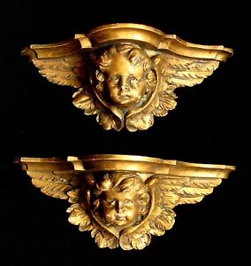 Early 19Th C, French Empire Extremely rare PAIR Cherubs wall Bracket gilded wood