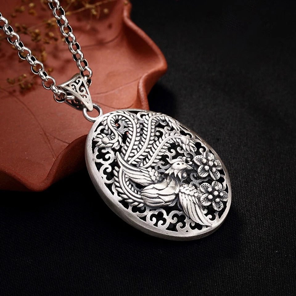 Colgante Fénix Hueco Plata Fina Sólida 990 Diseño Bendición Oriental Foto 1 de 4