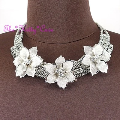 Silver Deco Metal Trio Lacey Mesh Floral Flower Garland Crystal Collar Necklace - Image 1 of 4