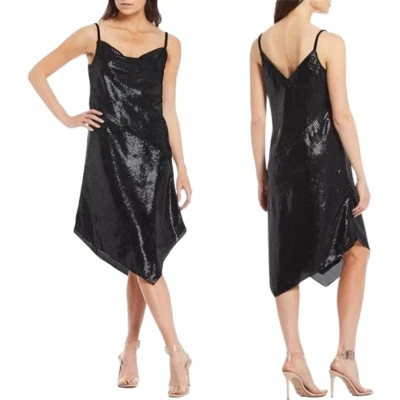 Vestido asimétrico Trina Turk geométrico a rayas cuello capucha mujer grande negro nuevo con etiquetas Foto 1 de 4