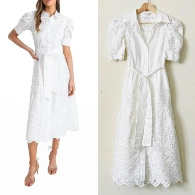 Shoshanna SIZE 0 white eyelet lace tie belt short puff sleeve midi shirt dress - Image 1 of 4