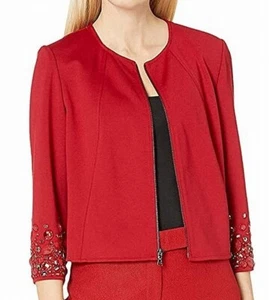 NWT Anne Klein Red Holiday Zipper Collarless Jacket with Jeweled Sleeves Size M - Picture 1 of 12