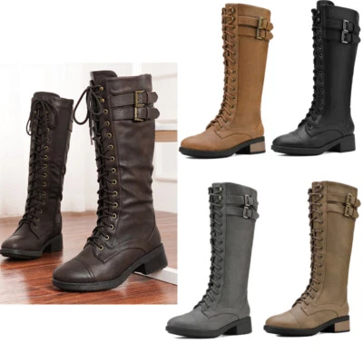 Women Knee High Riding Boots Low Heel Lace Up Side Zipper Military Combat Boots - Image 1 of 4