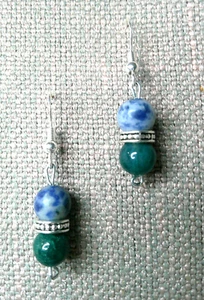 Small Green Moss Agate and Blue Jasper Gemstone Earrings Hypoallergenic - Picture 1 of 5