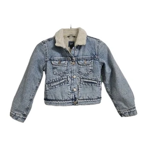 NWT Gap Blue Sherpa Lined Kids Med (8) Button Up 4 Pocket Denim Trucker Jacket - Picture 1 of 11