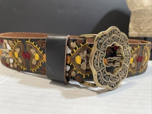 Cinturón de Cuero Búfalo LUCKY BRAND Bordado Floral Boho Hebilla de Latón Grande Nuevo con Etiquetas - Imagen 1 de 8