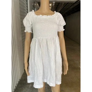 Boden White Linen Dress Womens US 6 R Smocked Short Puff Sleeve Casual Medium - Picture 1 of 8