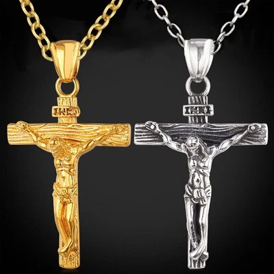 Männer Edelstahl Jesus Christus Kruzifix Kreuz Anhänger Kette Halskette Geschenk - Bild 1 von 4