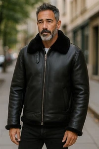 Chaqueta de vuelo bombardero de cuero de oveja de piel de oveja real negra B3 de aviador para hombre - Imagen 1 de 8