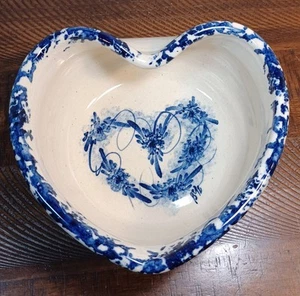 Storie Keramik Schwammgeschirr Schale Herzform handbemalt blau Blumen Marshall Tx - Bild 1 von 5