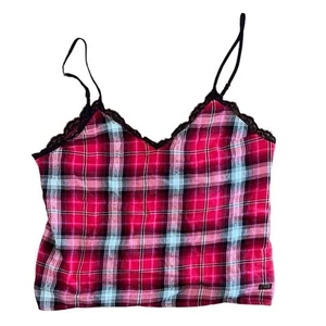 Victoria's Secret rot kariertes Trägertop mit schwarzem Spitzenbesatz Größe Medium - Bild 1 von 10
