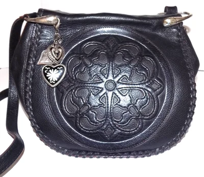 BRIGHTON black leather FERRARA saddle shoulder crossbody bag purse w Lily CHARM - Image 1 of 4
