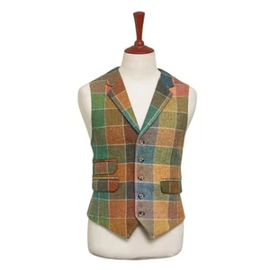 Mens Vest 44R Tweed Wool Multicolor Plaid Lapel Waistcoat Formal Wedding Party - Picture 1 of 9