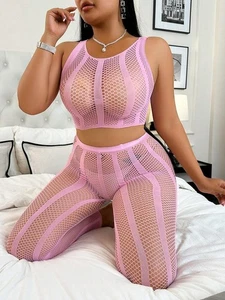 Ensemble sexy 2 pièces femme grande taille top en résille et pantalon tendance - Imagen 1 de 5