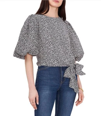 Nova Blusa Feminina Vince Camuto Manga Bolha 3/4 Amarrar Frente Preta Branca Tamanho GG - Imagem 1 de 4