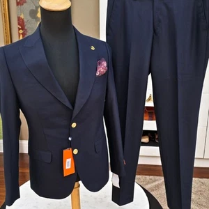 New Peak Lapel Suit 36r 32x32 Wool Viscose Dual Vent Tailored Pick Stitch - Picture 1 of 23