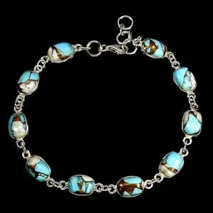 925 Sterling Silver Bracelet Antique Kingman Turquoise 8x6mm Gemstone 7.5inches - Picture 1 of 14