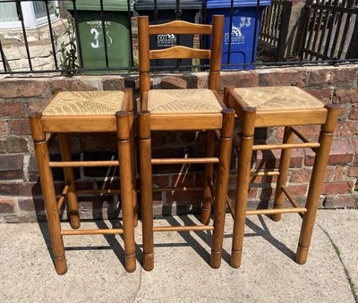 Set Of 3 Retro Solid Beechwood Rush Top Kitchen Bar Stools Pub Seats - Image 1 of 4