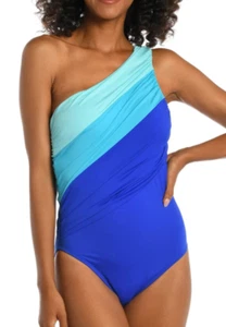 NUEVO LA BLANCA Island Goddess Colorblock 1 hombro 1 pieza Traje de baño Talla 16 Azul Hielo - Imagen 1 de 5