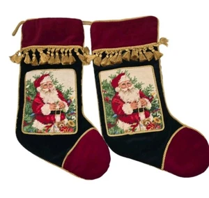 Vintage Wollmischung Nadelspitze Santa Weihnachten Strümpfe Samt Gold Quasten 17" - Bild 1 von 7
