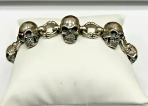 Skull And Bone Link 7.75 Inch Bracelet Solid 925 Sterling Silver Biker Gothic - Picture 1 of 7