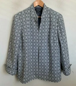 Kasper Jacket Gray Geo Print Stand Collar Open Front Cuff Sleeve Lined Size 16 - Picture 1 of 8