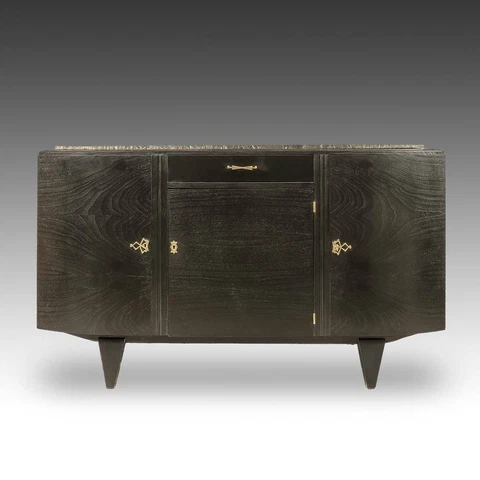 ART DECO STYLE CONSOLE CABINET BLACK WOOD VENEER MARBLE FRANCE MID-20TH C Cover
