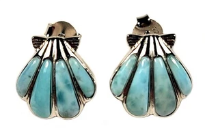 Larimar Sunrise Shell Earrings in Rhodium Plated Sterling Silver 925 Jewelry - Picture 1 of 11