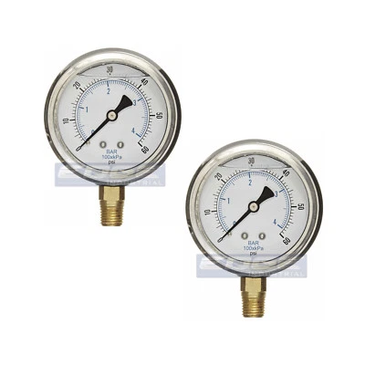 2 PACK LIQUID FILLED PRESSURE GAUGE 0-60 PSI, 2.5" FACE, 1/4" NPT LOWER MOUNT - Image 1 of 4
