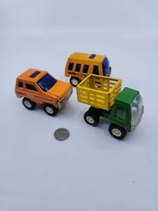 Lot Of 3 Vtg Buddy 3.5" Steel Farm Truck Stake Bed School Bus, SUV  Hong Kong G3 - Picture 1 of 8