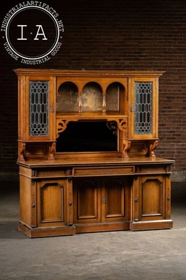 Victorian Gothic Revival Oak Sideboard Hutch with Leaded Glass Doors - Image 1 of 4