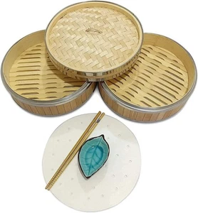 2 Ebenen Bambus Dampfgarer Küchenkocher Handarbeit Chinesisch Dampfgarer Korb 21 cm - Bild 1 von 5