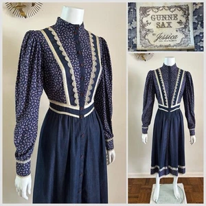 1970s Gunne Sax by Jessica 11 Denim Floral Prairie Dress Tie Back Lace Boho VTG - Picture 1 of 22