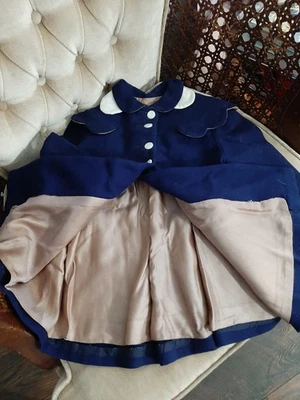 Vintage 1960s navy wool blue peacock swing coat jacket handmade scallop baby - Image 1 of 4
