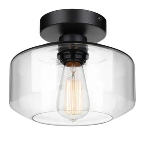 Industrial Semi Flush Mount Ceiling Light, Clear Glass Pendant Lamp Shade, Fa... - Picture 1 of 9