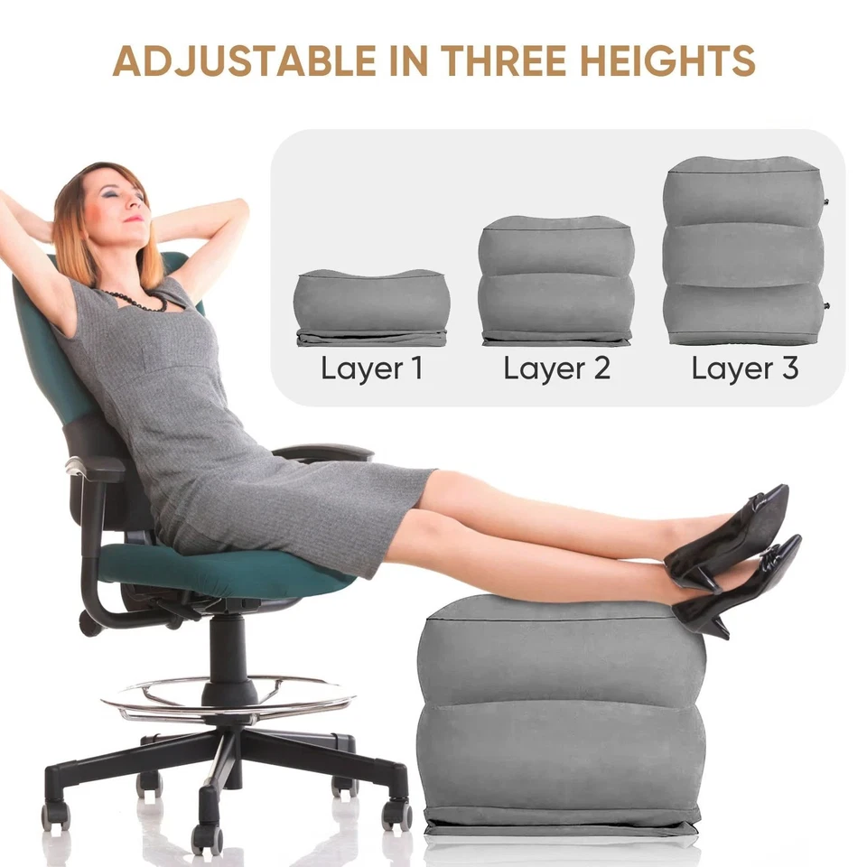 充气旅行脚凳枕头可调节高度 3 层飞机支腿支撑 — 第 1/4 张图片