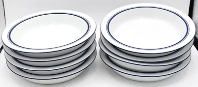 Dansk Bistro Blanco Azul Tira Sopa Ensalada Cereal Borde Bajo Tazón Lote 8 Cerámica Foto 1 de 4