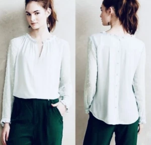 Anthropologie HD in Paris Josie Clipdot Blouse Sz 12 Swiss Dot Mint Green - Picture 1 of 10