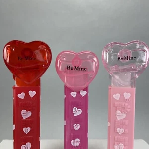 Crystal Hearts Be Mine 3 Colors Printed Heart Stems PEZ Dispensers VG Condition - Picture 1 of 10