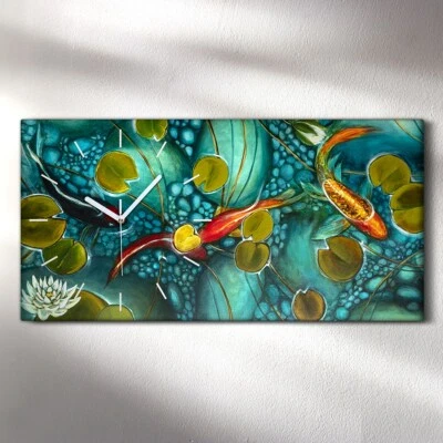 Leinwand Uhr Küche Wohnzimmer Bild 60x30 Malerei Fische Koi Blumen Natur Kunst - Bild 1 von 4