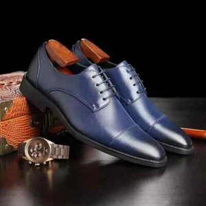 Mocassini Brogue Oxford Polacchine Blu Con Lacci Pelle Sintetica 101178 - Foto 1 di 2
