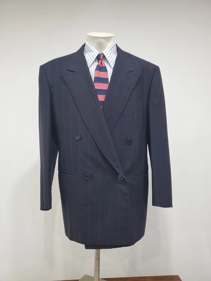 PAL ZILERI Men Blazer Size 42 Dark Blue Striped Double Breasted Made In Italy - Image 1 of 4